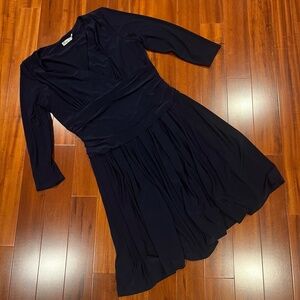 Eliza J Navy Blue Midi Dress Long Sleeve V-Neck Ruched Waist Pleated Skirt Sz 12